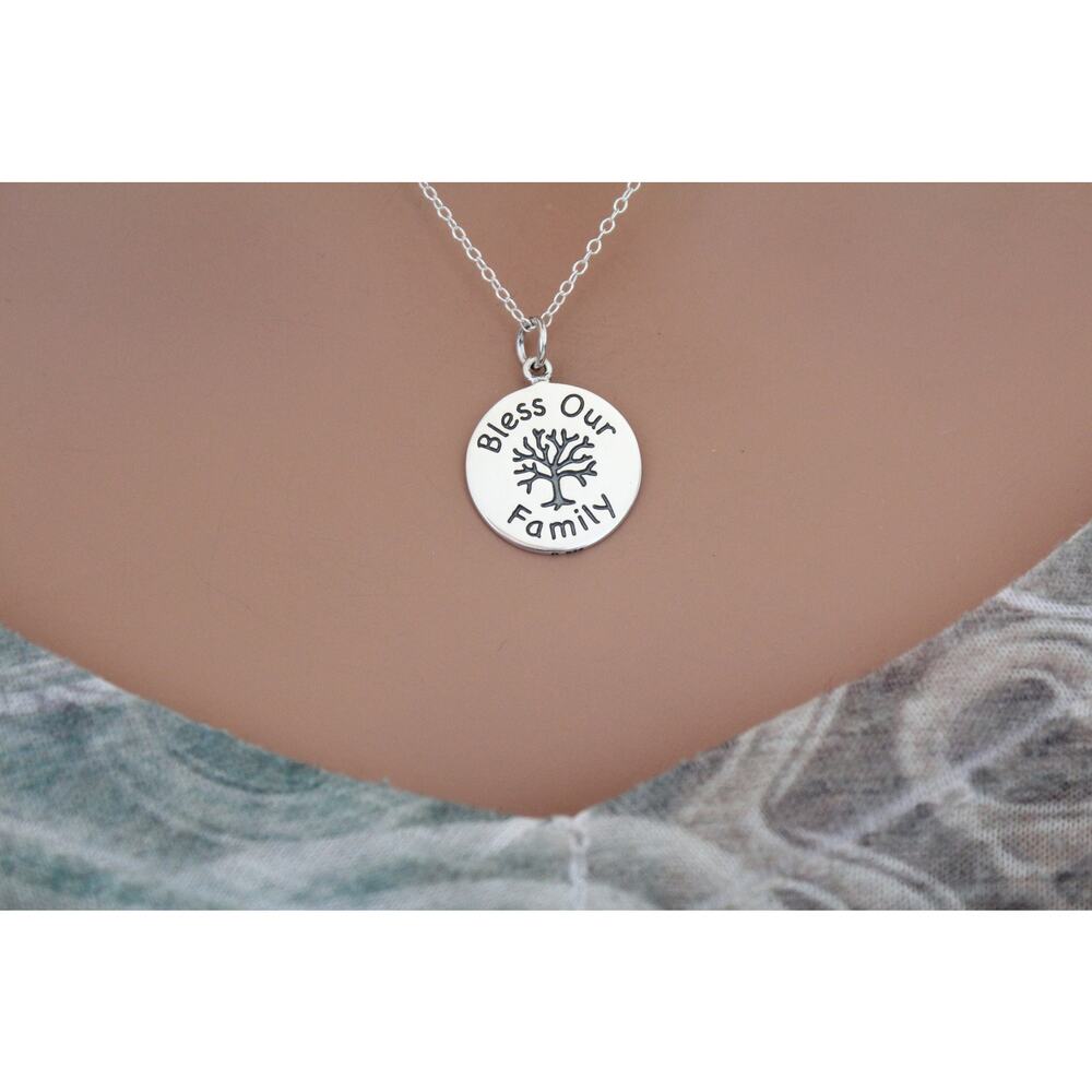 Sterling Silver Message Pendant -Bless Our Family Necklace